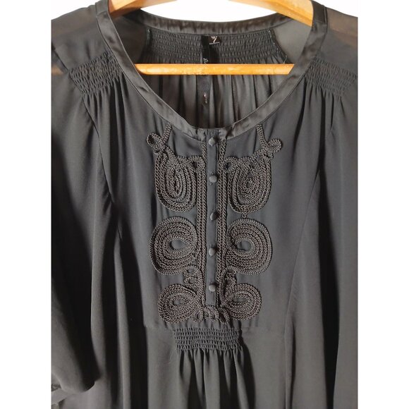 Bellatrix Black Sheer Embroidered Boho Blouse Size L Button Detail Flowy Boho - Picture 2 of 13